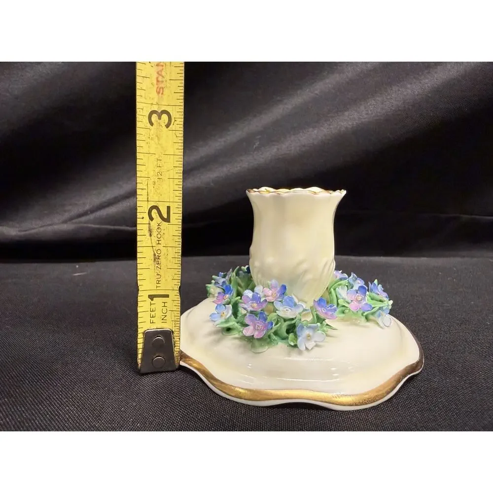 Rare pair crown staffordshire candle holders flowers purple porcelain 2